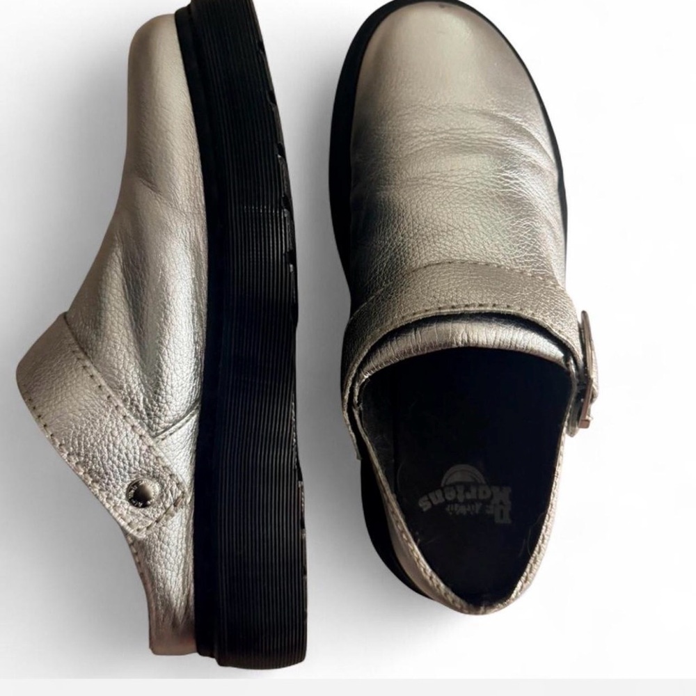 Doc Marten Size 10 Metallic Silver Slip-On Shoes with Buckle
